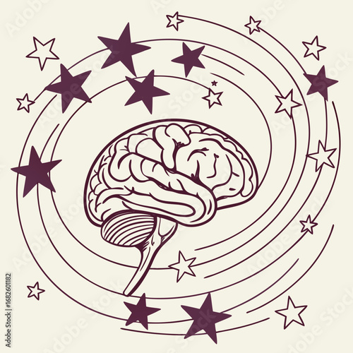 A brain surrounded by stars and swirling lines in a dreamlike illustration