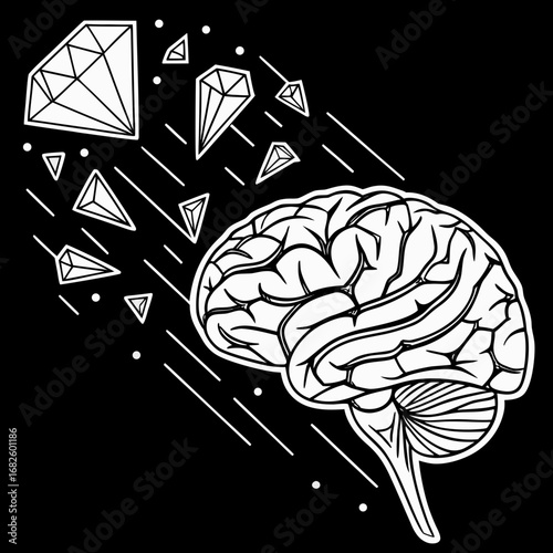 Detailed illustration of a human brain surrounded by floating diamonds and geometric shapes in a dynamic, abstract composition from a straightforward viewpoint
