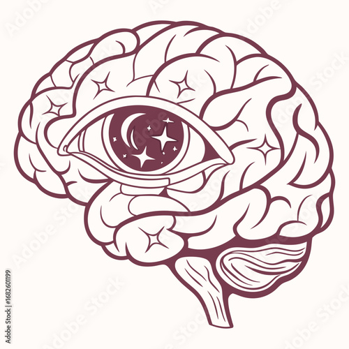 Illustration of a human brain with an all-seeing eye and celestial elements inside the mind's landscape from a frontal viewpoint