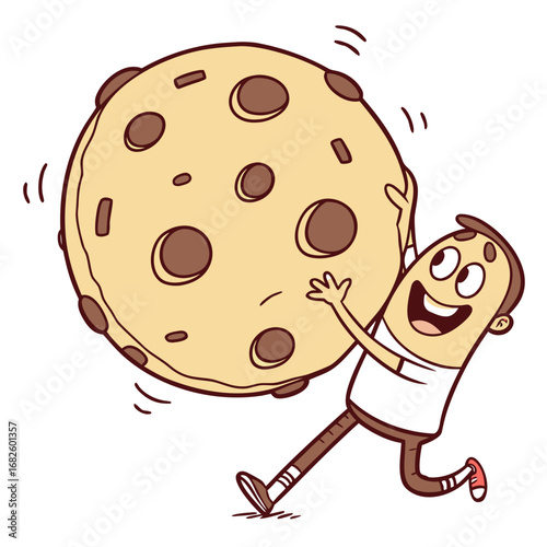 A cartoon boy enthusiastically runs with a giant chocolate chip cookie in a playful illustration