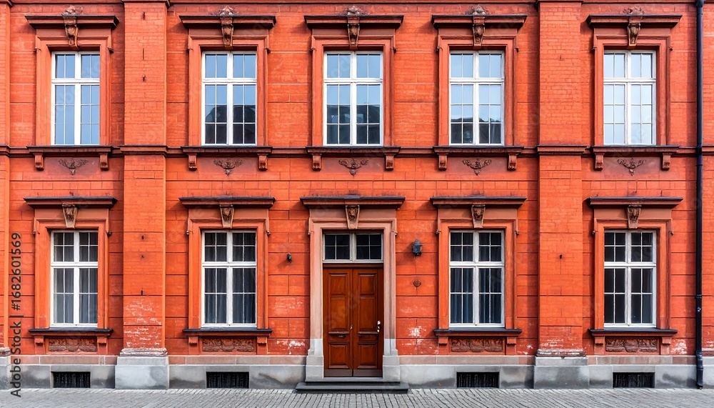 Fototapeta premium Ornate terracotta facade of a historical building with multiple windows and a central door.