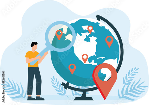 Characters with magnifying glass. Men in different actions with big loupes and people investigation and close study, search information in internet concept,
