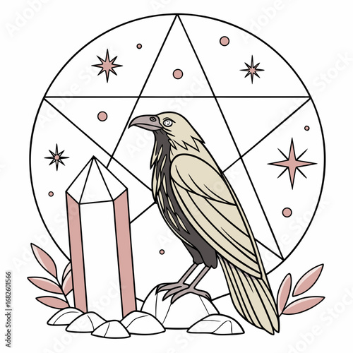 Mystical crow standing on rocks beside a crystal within a geometric circle surrounded by leaves