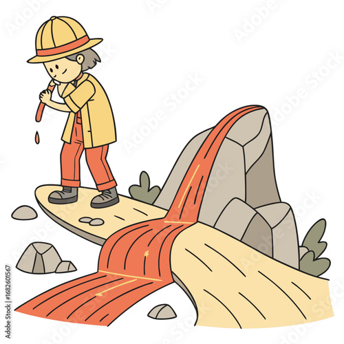 Illustration of a geologist examining rocks and a rocky outcrop with a hammer beside a red stream