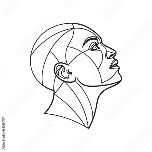 Abstract geometric face profile line art portrait, modern cubist head outline minimal vector artwork