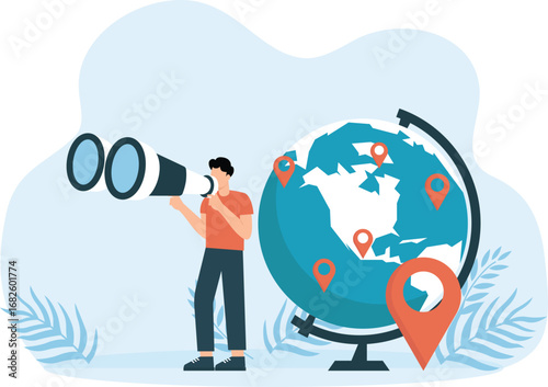Characters with magnifying glass. Men in different actions with big loupes and people investigation and close study, search information in internet concept,
