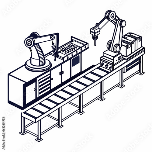 Robotic arms working together on an assembly line in a modern factory setting from a high viewpoint