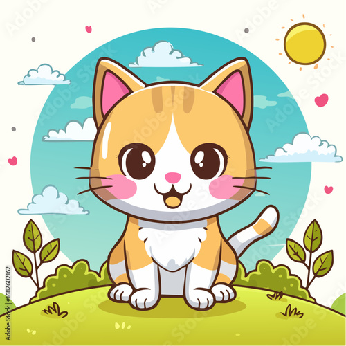 Happy and Cute Kitten with Big Eyes, Simple Vector Illustration