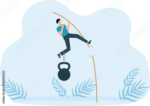 Burden that does not allow you to reach heights. Unsuccessful attempt to achieve goals and career failure and difficult problem, afraid of progress for work concept
