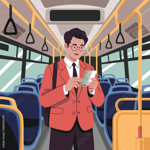 Man using mobile phone on bus during commute in the city