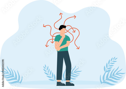 Thoughtful people and Right option search, Men doubt choice and employee make decision, Alternative variant and Crossroad pointers and way arrows and true solution concept
