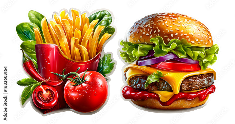 Delicious Fast Food Illustration with Burger and French Fries on Transparent Background Delicious Fast Food Illustration with Burger and French Fries on Transparent Background