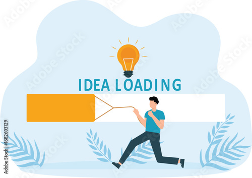 Effort and slow progress of idea for Achieving the goal. Businessman pushes load line and Light bulb sign, Difficult implementation innovation business concept
