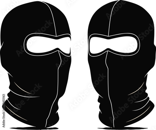 Balaclava mask silhouette, black ski mask vector, robber disguise illustration, criminal face cover, security risk icon, burglar headgear, crime protection symbol, tactical gear