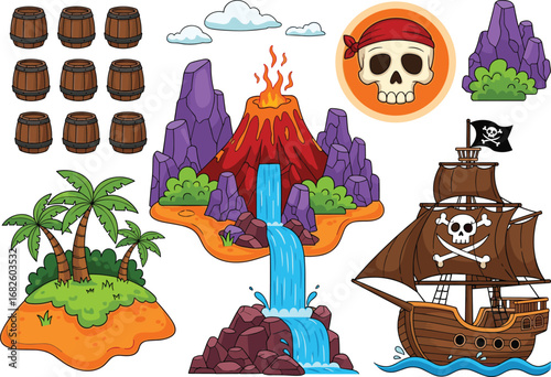 Pirate island vector illustration with volcano, treasure map elements, pirate ship, tropical palm trees, barrels, skull symbol, adventure design, sea journey concept, fantasy island