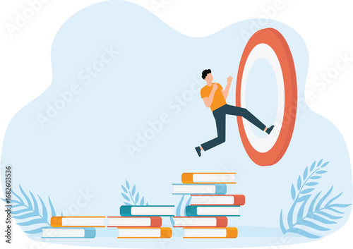 Business education is the way to the goal, Successful businessman on stacks of books and staff training and specialization, Knowledge support and search for New opportunities concept
