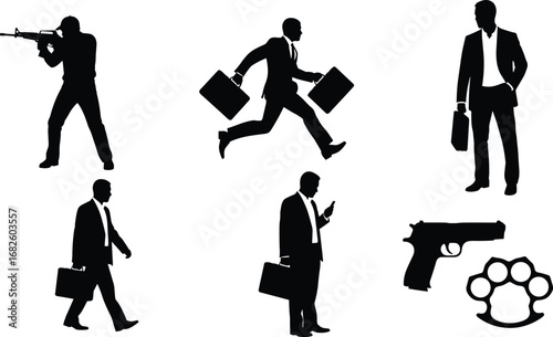 Businessman silhouette with gun, mafia concept vector, gangster with briefcase, crime figure illustration, corporate criminal design, underworld mafia style, hitman silhouette, dangerous business