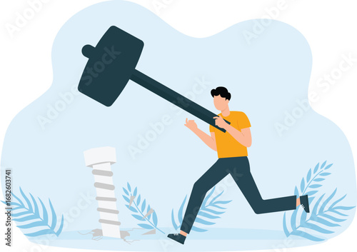 An unattainable success and Rash actions, ignorance problem incompetent employee, hand holds hammer and hitting screw, mistakes at work and failure to achieve goal concept

