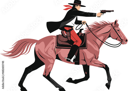 Cowboy riding horse with gun, wild west outlaw vector, western gunslinger illustration, vintage cowboy art, rodeo action design, sheriff symbol, cowboy culture, horseman graphic