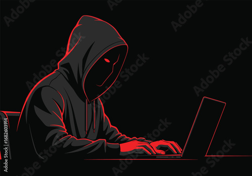 Hacker in hoodie silhouette, cybercrime illustration, anonymous hacker figure, dark web concept art, cyber security threat graphic, computer hacker icon, hacking activity, online crime design