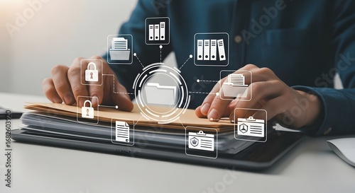 Businessman managing a secure document management system with digital icons for data protection, file archiving, and information security concept