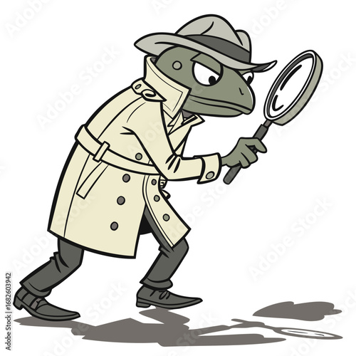 Cartoon Lizard Detective Investigating with Magnifying
