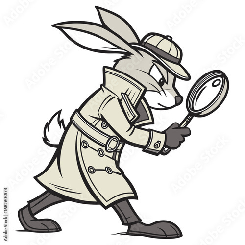 Rabbit Detective Cartoon Investigating with Magnifying Glass