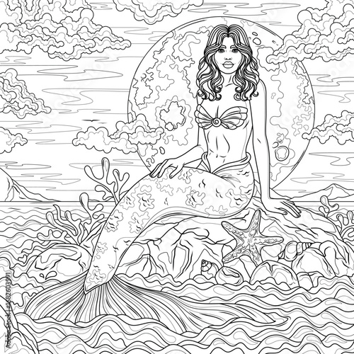 Mermaid and full moon.Coloring book antistress for children and adults.	