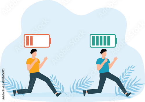 Energy charge and Level of accumulators with full low and empty energy indicators, Competition success measurement and marathon winners rating, Activity meter and sprint results concept
