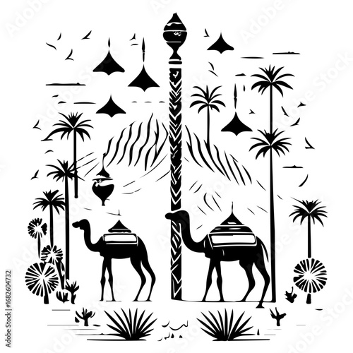 A desert fantasy with camels palm trees and mountain line art design evoking travel and adventure