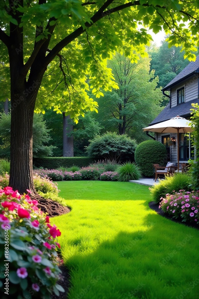 Naklejka premium Serene backyard oasis featuring lush green grass, vibrant flowerbeds, and mature trees providing ample shade Perfect for relaxation and outdoor entertaining , irrigation, sunlight