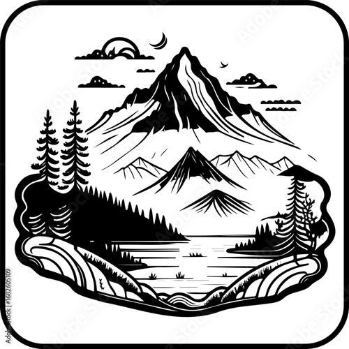 A Majestic mountain landscape drawing showcases natures grandeur with mountain peaks and water