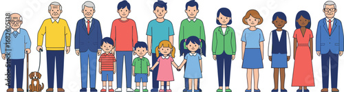 Cartoon family illustration, diverse people group, grandparents, parents, children, generations together, multicultural community, happy family concept, family unity, lifestyle design, group portrait