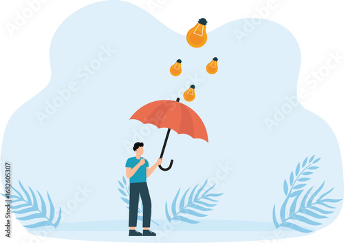 Businessman is protected by an umbrella from a hail of ideas concept
