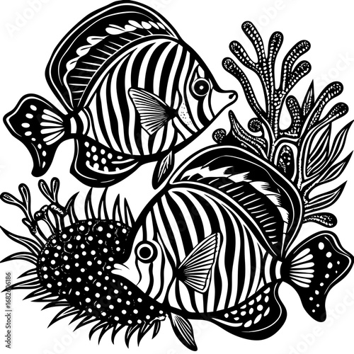 Two Ornate Butterflyfish in Detailed Underwater Scene