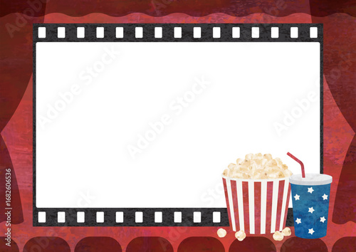 ポップコーンと映画館のフレーム水彩