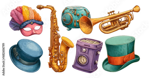 Colorful Musical Instruments and Hats Illustrations on Transparent Background