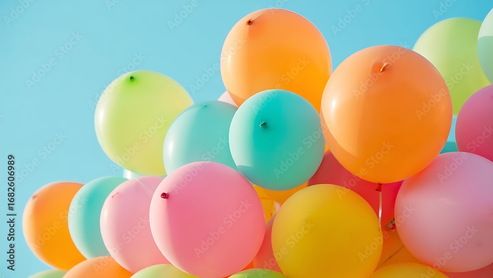 Colorful Balloons Against Blue Sky Representing Celebration Joy and Happiness Perfect for Birthday Parties and Special Events Colorful Balloons Against Blue Sky Representing Celebration Joy and Happiness Perfect for Birthday Parties and Special Events