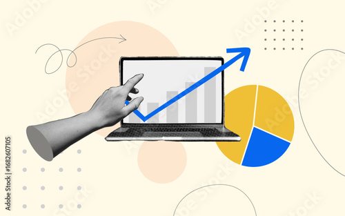 Trendy halftone collage with laptop and financial analytics. Pie chart pieces, business data, and market share concept. Modern finance graphs and investment strategy. Vector illustration for business