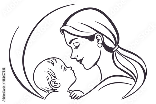 Minimalist Line Drawing of Mother Holding Baby Illustration