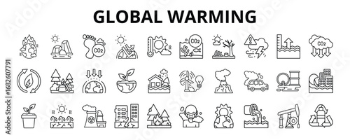 30 Global Warming Line Icons Vector - Weather Extreme, Emission Reduction, Deforestation, Car pollution, Radiation, Air pollution