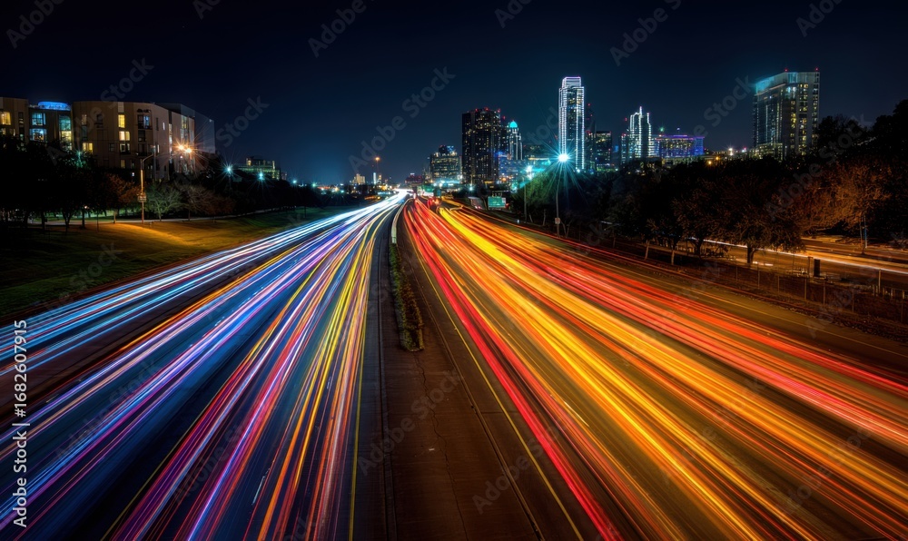 Obraz premium Night cityscape highway with streaks of light
