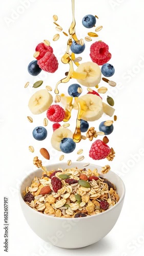 A healthy breakfast bowl filled with assorted fresh fruits and granola