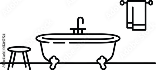 Modern bathroom outline icon bathtub stool and towel rack design