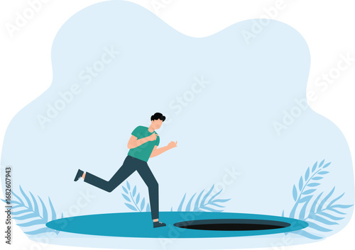 Lost businessman with fog in his head runs forward without noticing hole, Danger or business accident and loss or pitfall, mistake or failure concept
