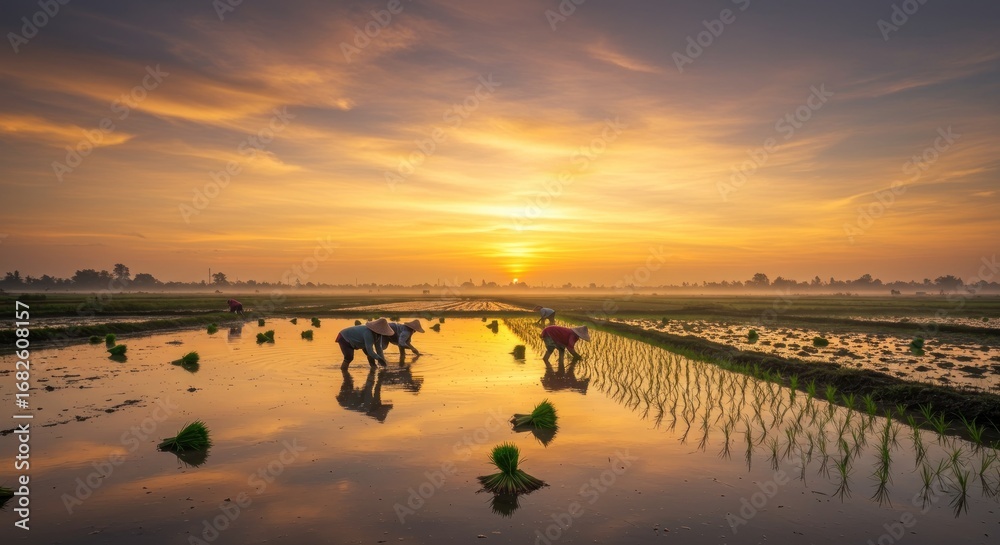 Fototapeta premium Sunrise reflection over a rice paddy where farmers are planting in a vast field