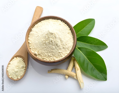 Ashwagandha Powder in a Wooden Bowl with Leaves and Root