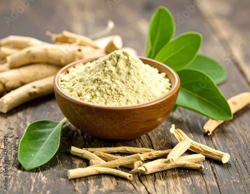 Top View of Ashwagandha Root, Leaves, and Powder on a Wood