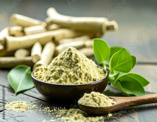 Ashwagandha Powder in a Bowl with Mortar and Pestle on a Rustic Background