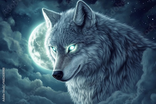 Wallpaper Mural Wolf with radiant eyes reflects the power of the moon in a mystical forest setting under twilight sky Torontodigital.ca